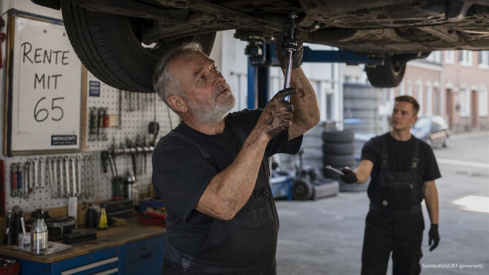 Kfz-Mechaniker Ende fünfzig arbeitet in einer Werkstatt unter einem angehobenen Auto, an der Wand eine Tafel mit der Aufschrift „Rente mit 65“.