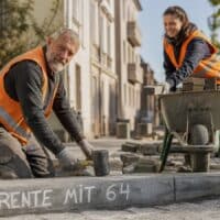 Älterer Pflasterer setzt auf einem Gehweg Pflastersteine, auf dem Bordstein steht in Sprühkreide „Rente mit 64“.