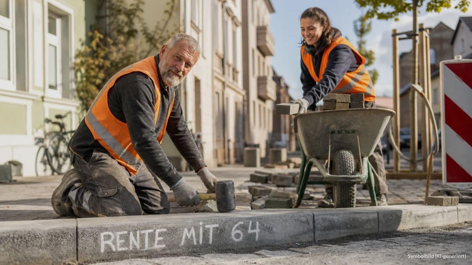 Älterer Pflasterer setzt auf einem Gehweg Pflastersteine, auf dem Bordstein steht in Sprühkreide „Rente mit 64“.