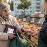 Rentnerin zählt an einem Marktstand Münzen ab, auf dem Smartphone in ihrer offenen Geldbörse steht „MINUS 200“