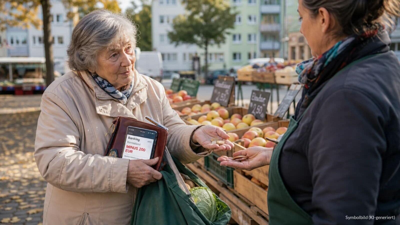 Rentnerin zählt an einem Marktstand Münzen ab, auf dem Smartphone in ihrer offenen Geldbörse steht „MINUS 200“