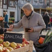 Rentnerin bezahlt an einem herbstlichen Wochenmarktstand Äpfel, auf der Kreidetafel des Stands steht „ZAHLTAG“.