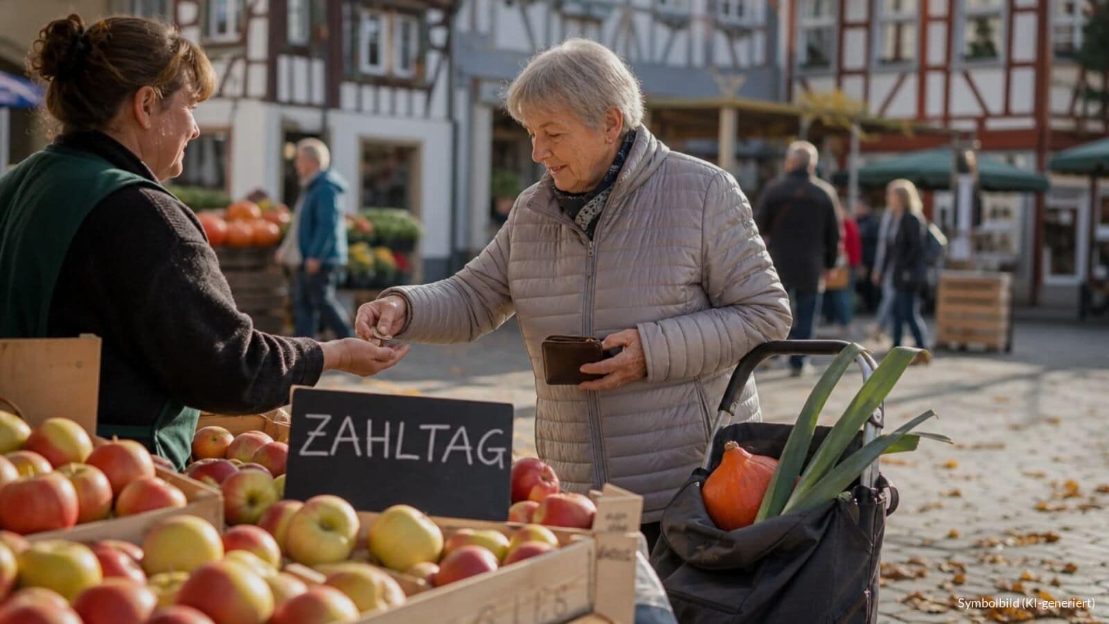 Rentnerin bezahlt an einem herbstlichen Wochenmarktstand Äpfel, auf der Kreidetafel des Stands steht „ZAHLTAG“.