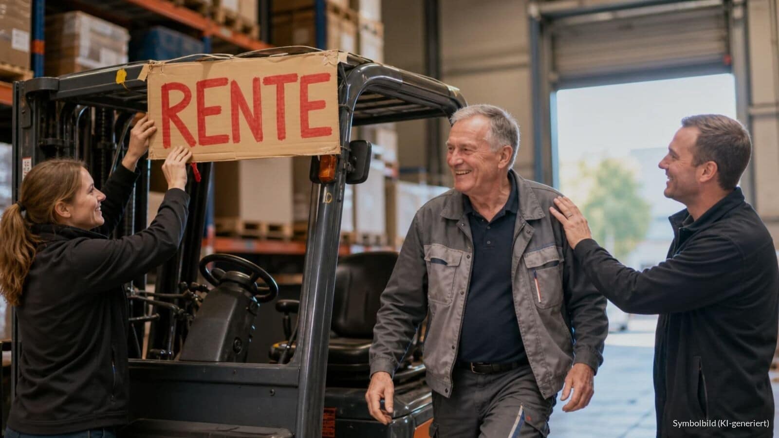 Lagerarbeiter Anfang sechzig wird an seinem letzten Arbeitstag in der Lagerhalle von Kolleginnen und Kollegen verabschiedet, am Gabelstapler hängt ein Schild mit dem Wort RENTE.