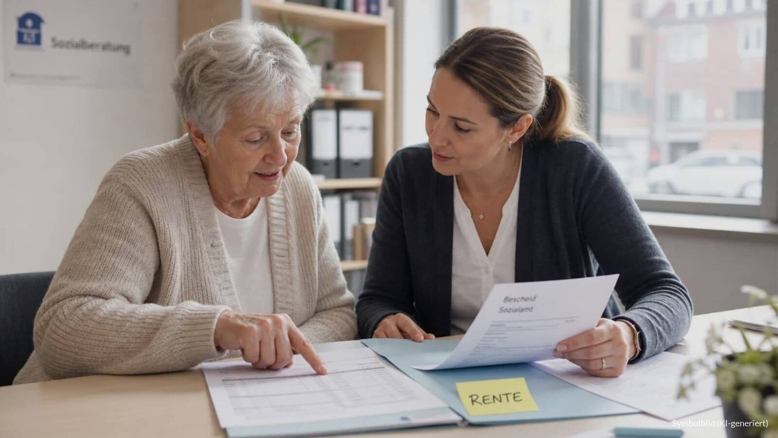 Ältere Frau und Sozialberaterin vergleichen in einem hellen Beratungsbüro einen Rentenbescheid mit einem Grundsicherungsbescheid, auf der Mappe klebt ein gelber Zettel mit dem Wort „RENTE“.
