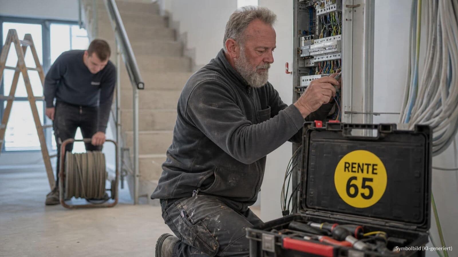 Elektriker Ende fünfzig montiert im Treppenhaus eines Neubaus einen Verteilerkasten, auf seinem Werkzeugkoffer klebt ein Aufkleber mit der Aufschrift „RENTE 65“