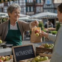 Ältere Frau verkauft an einem Marktstand Äpfel an eine Kundin, daneben eine Kreidetafel mit dem Wort Aktivrente.