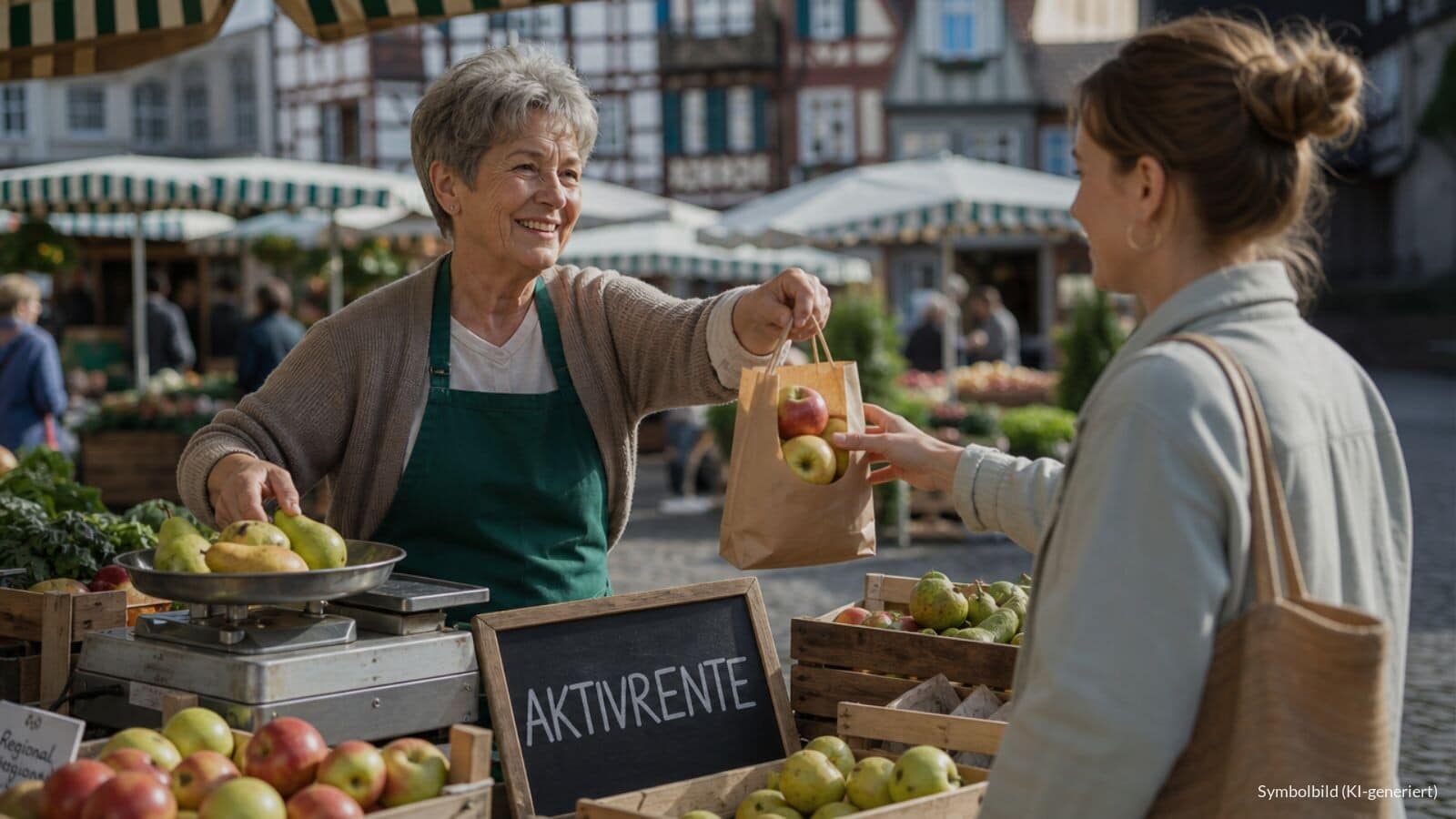 Ältere Frau verkauft an einem Marktstand Äpfel an eine Kundin, daneben eine Kreidetafel mit dem Wort Aktivrente.