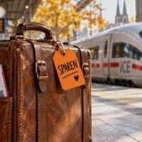 Kleiner Lederkoffer mit orangefarbenem Gepäckanhänger mit der Aufschrift „SPAREN“ auf einem sonnigen Bahnsteig, im Hintergrund unscharf ein ICE.