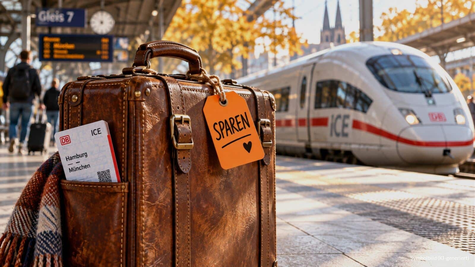 Kleiner Lederkoffer mit orangefarbenem Gepäckanhänger mit der Aufschrift „SPAREN“ auf einem sonnigen Bahnsteig, im Hintergrund unscharf ein ICE.