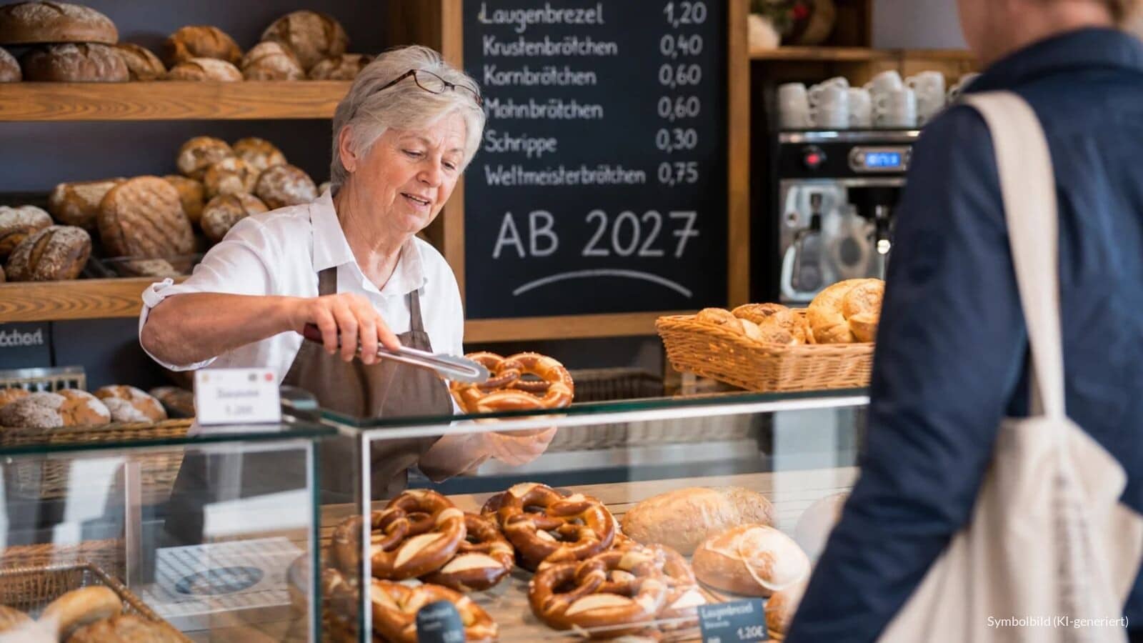 Rentnerin arbeitet im Minijob in einer Bäckerei und legt frische Brezeln in die Auslage, im Hintergrund eine Kreidetafel mit der Aufschrift AB 2027