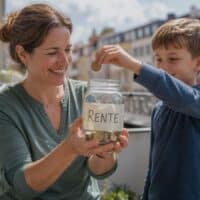 Hände einer Mutter und ihres Kindes werfen auf einem Balkon Münzen in ein Sparglas mit der Aufschrift „RENTE“.