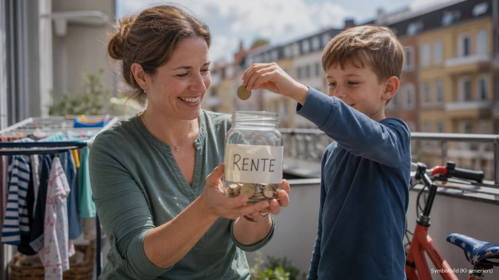 Hände einer Mutter und ihres Kindes werfen auf einem Balkon Münzen in ein Sparglas mit der Aufschrift „RENTE“.