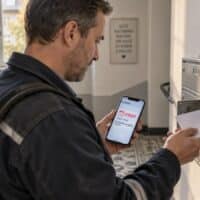 Mann öffnet im Treppenhaus eines Mehrfamilienhauses seinen Briefkasten und hält ein Smartphone mit einer Kalendererinnerung zu einer Frist