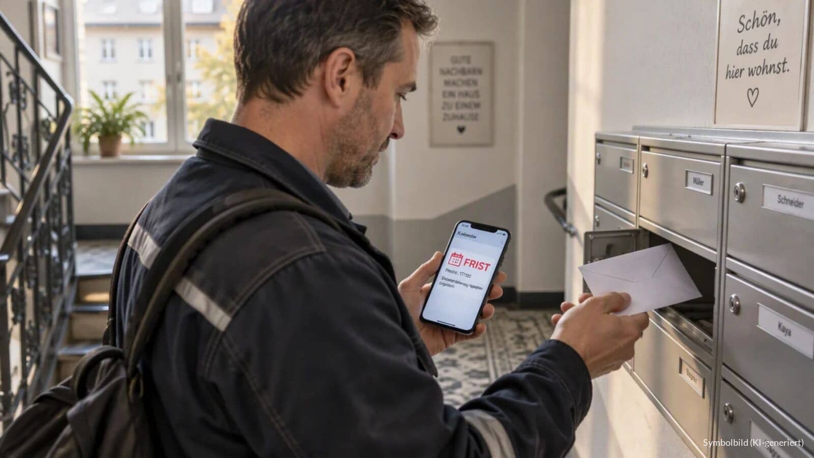 Mann öffnet im Treppenhaus eines Mehrfamilienhauses seinen Briefkasten und hält ein Smartphone mit einer Kalendererinnerung zu einer Frist