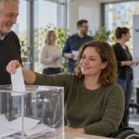 Beschäftigte im Rollstuhl wirft bei der Wahl der Schwerbehindertenvertretung 2026 einen Stimmzettel in eine Wahlurne, daneben ein Kollege.