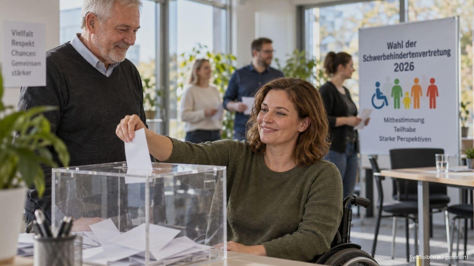 Beschäftigte im Rollstuhl wirft bei der Wahl der Schwerbehindertenvertretung 2026 einen Stimmzettel in eine Wahlurne, daneben ein Kollege.
