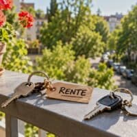 Zwei getrennte Haustürschlüssel auf einem sonnigen Balkongeländer, an einem hängt ein Anhänger mit der Aufschrift „RENTE“, als Symbol für die Aufteilung von Rente und Wohnung bei einer Scheidung im Rentenalter.