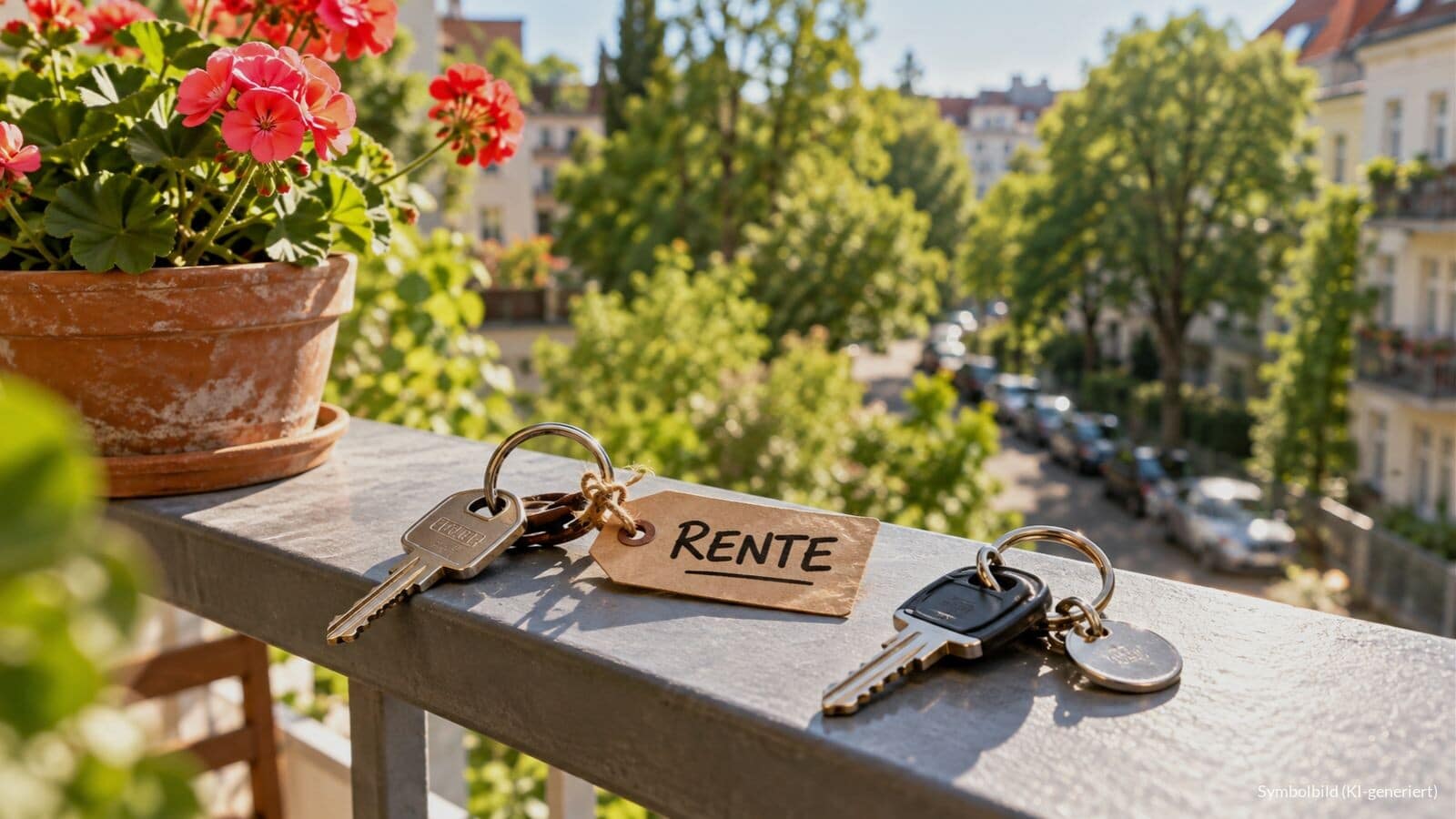 Zwei getrennte Haustürschlüssel auf einem sonnigen Balkongeländer, an einem hängt ein Anhänger mit der Aufschrift „RENTE“, als Symbol für die Aufteilung von Rente und Wohnung bei einer Scheidung im Rentenalter.