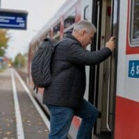 Mann um die 60 steigt mit Hand am Haltegriff in einen Regionalzug, neben der Tür ein Aufkleber mit dem Wort „Schwerbehindert“