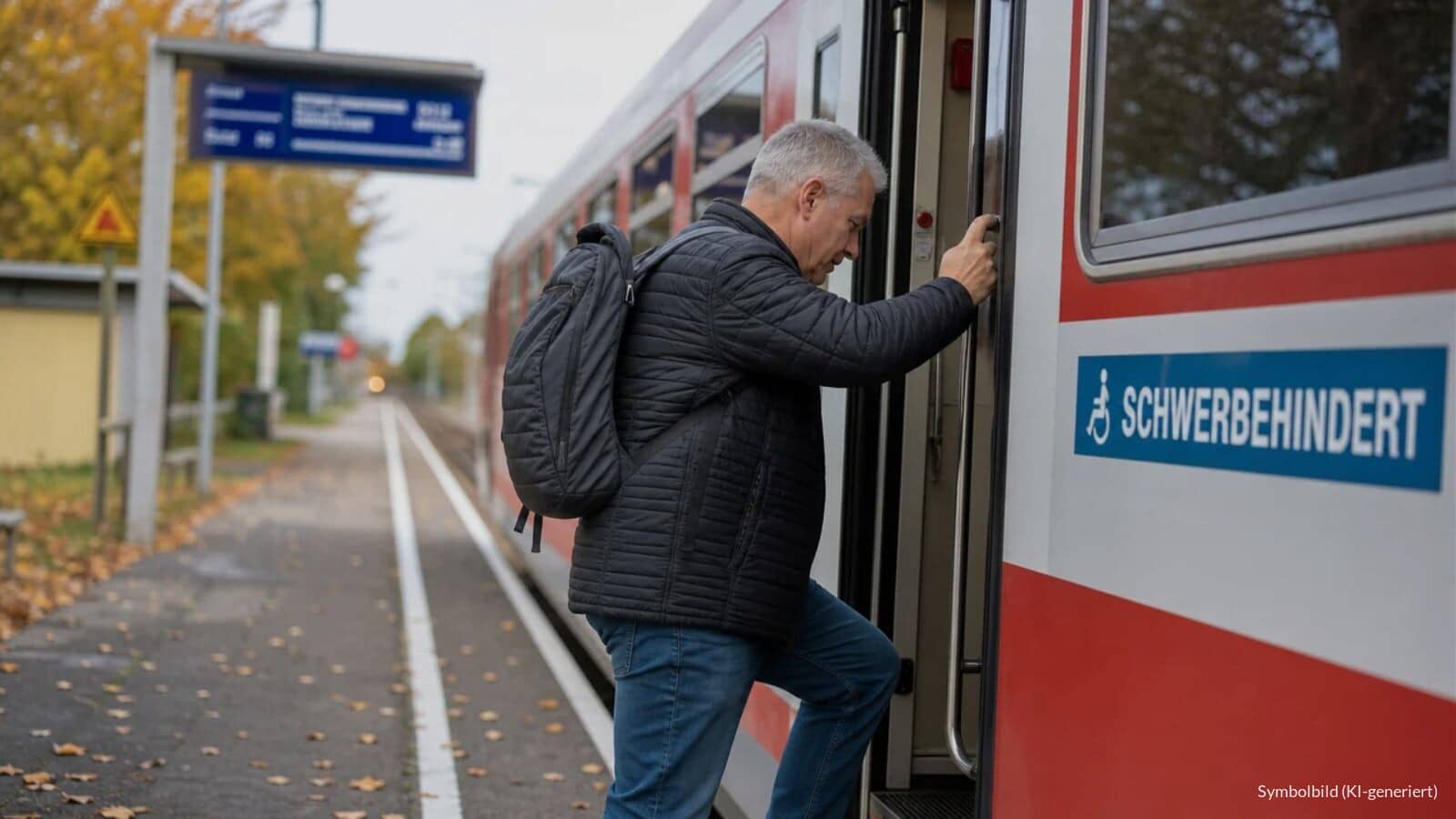Mann um die 60 steigt mit Hand am Haltegriff in einen Regionalzug, neben der Tür ein Aufkleber mit dem Wort „Schwerbehindert“