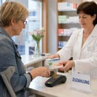 Frau mit Unterarmgehstütze bezahlt am Apothekentresen per Karte, während die Apothekerin ihr drei Medikamentenpackungen reicht