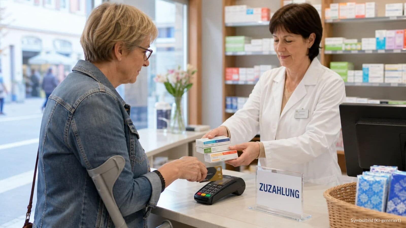 Frau mit Unterarmgehstütze bezahlt am Apothekentresen per Karte, während die Apothekerin ihr drei Medikamentenpackungen reicht