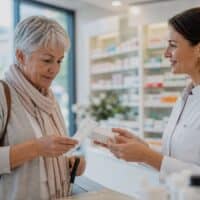 Frau mit Gehstock erhält in einer Apotheke Medikamente und blickt auf den Kassenbon, Symbolbild für höhere Zuzahlungen bei Schwerbehinderung ab 2027