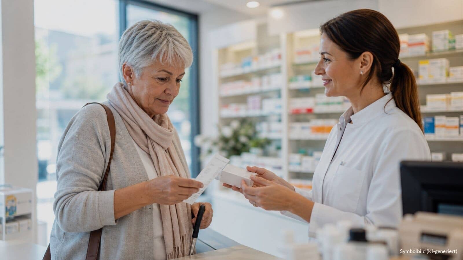 Frau mit Gehstock erhält in einer Apotheke Medikamente und blickt auf den Kassenbon, Symbolbild für höhere Zuzahlungen bei Schwerbehinderung ab 2027