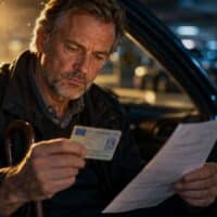Mann mit Gehstock sitzt in der offenen Fahrertür seines Autos und prüft Schwerbehindertenausweis und Steuerbescheid.