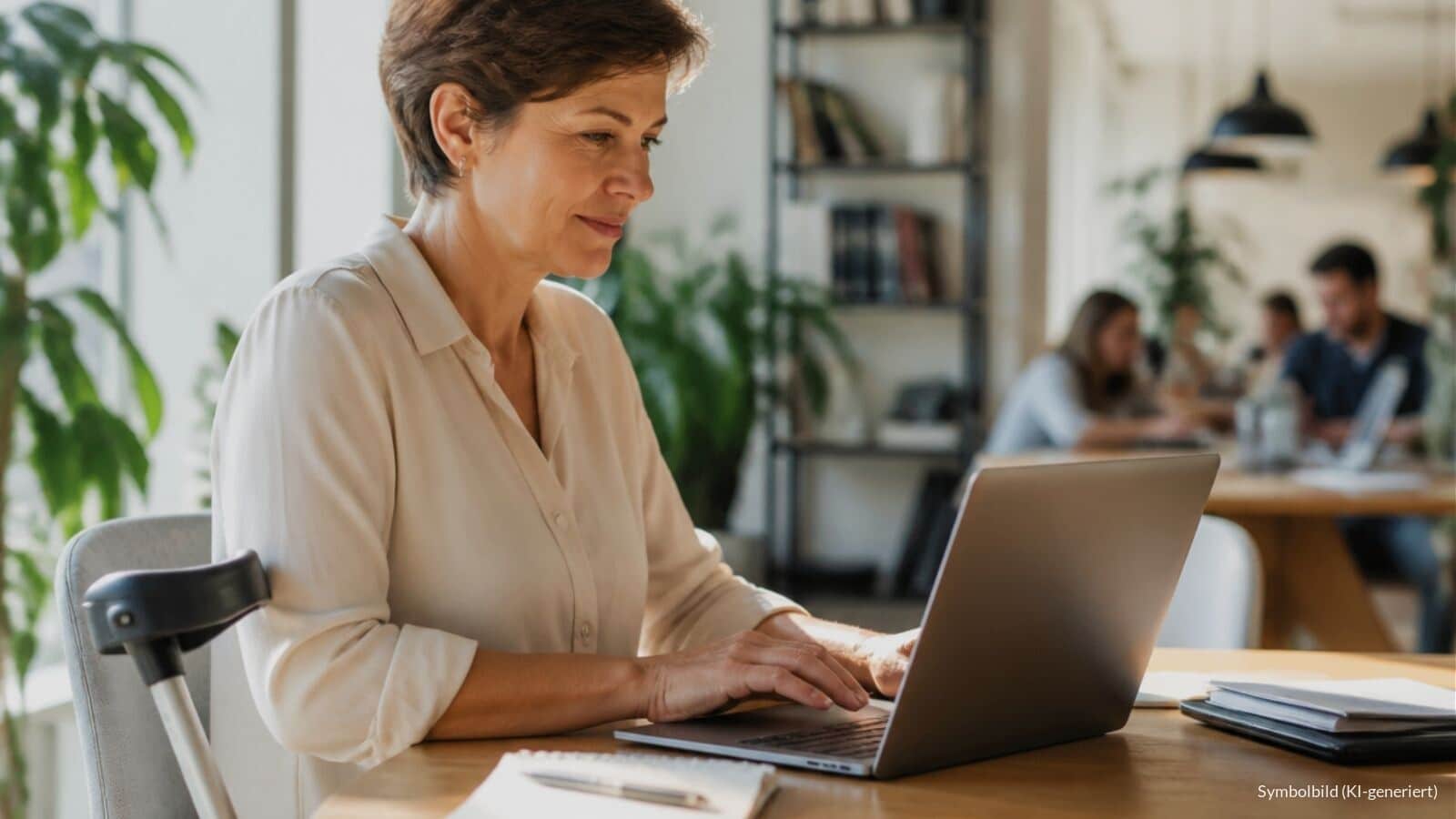 Frau mit Unterarmgehstütze schreibt am Laptop in einem hellen Büro eine Bewerbung mit Hinweis auf ihre Schwerbehinderung