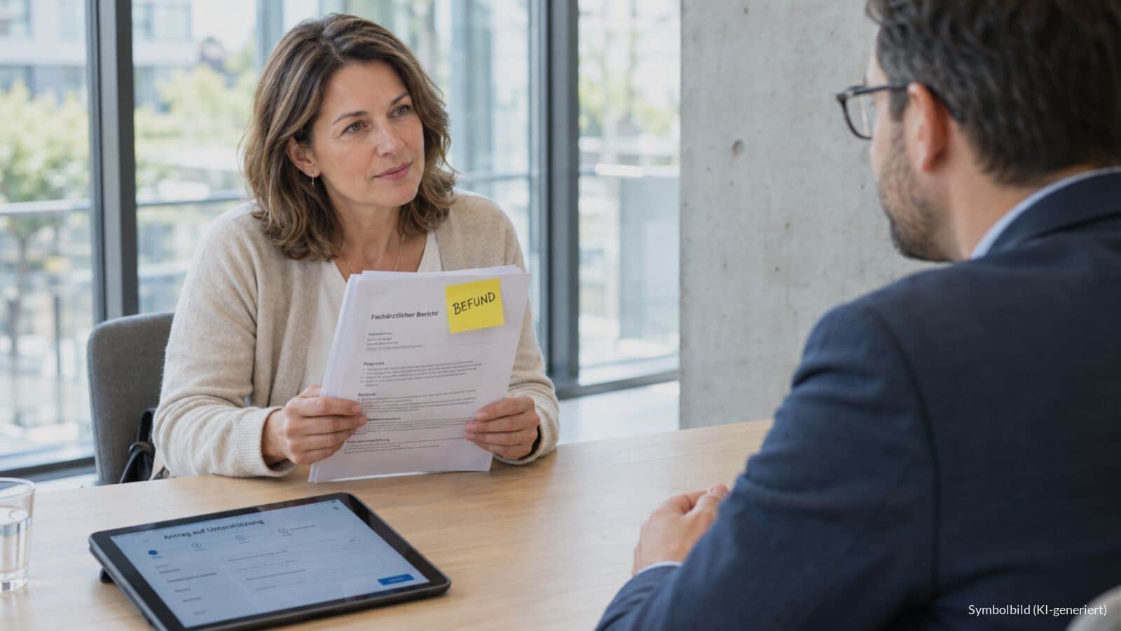 Hände halten in einer modernen Beratungsstelle einen ärztlichen Bericht mit gelber Haftnotiz „BEFUND“, daneben ein Tablet, der Hintergrund ist unscharf.