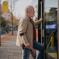 Mann mit Unterarmgehstütze steigt an einer Haltestelle in einen Regionalbus, an der Bustür klebt ein Hinweis zur Freifahrt.