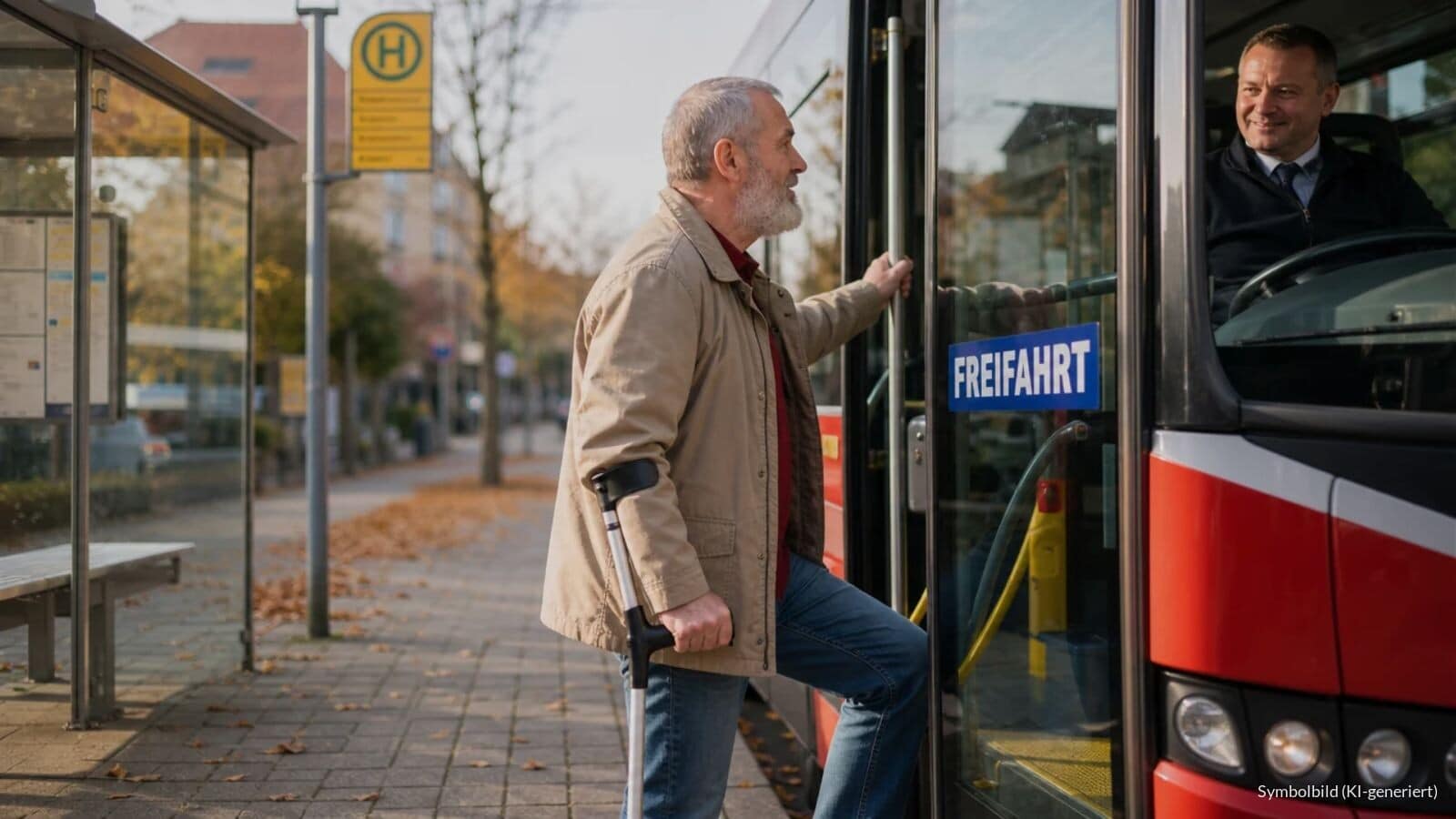 Mann mit Unterarmgehstütze steigt an einer Haltestelle in einen Regionalbus, an der Bustür klebt ein Hinweis zur Freifahrt.