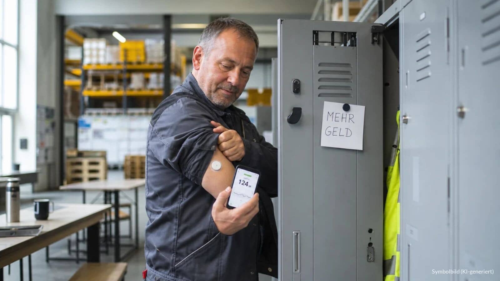 Lagerarbeiter mit Diabetes prüft im Pausenbereich am Spind seinen Blutzucker per Smartphone, am Spind hängt ein Zettel mit der Aufschrift „MEHR GELD“.