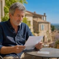 Mann mit Gehstock liest auf einer sonnigen Terrasse in Südfrankreich einen Behördenbrief, daneben liegt ein Schwerbehindertenausweis.