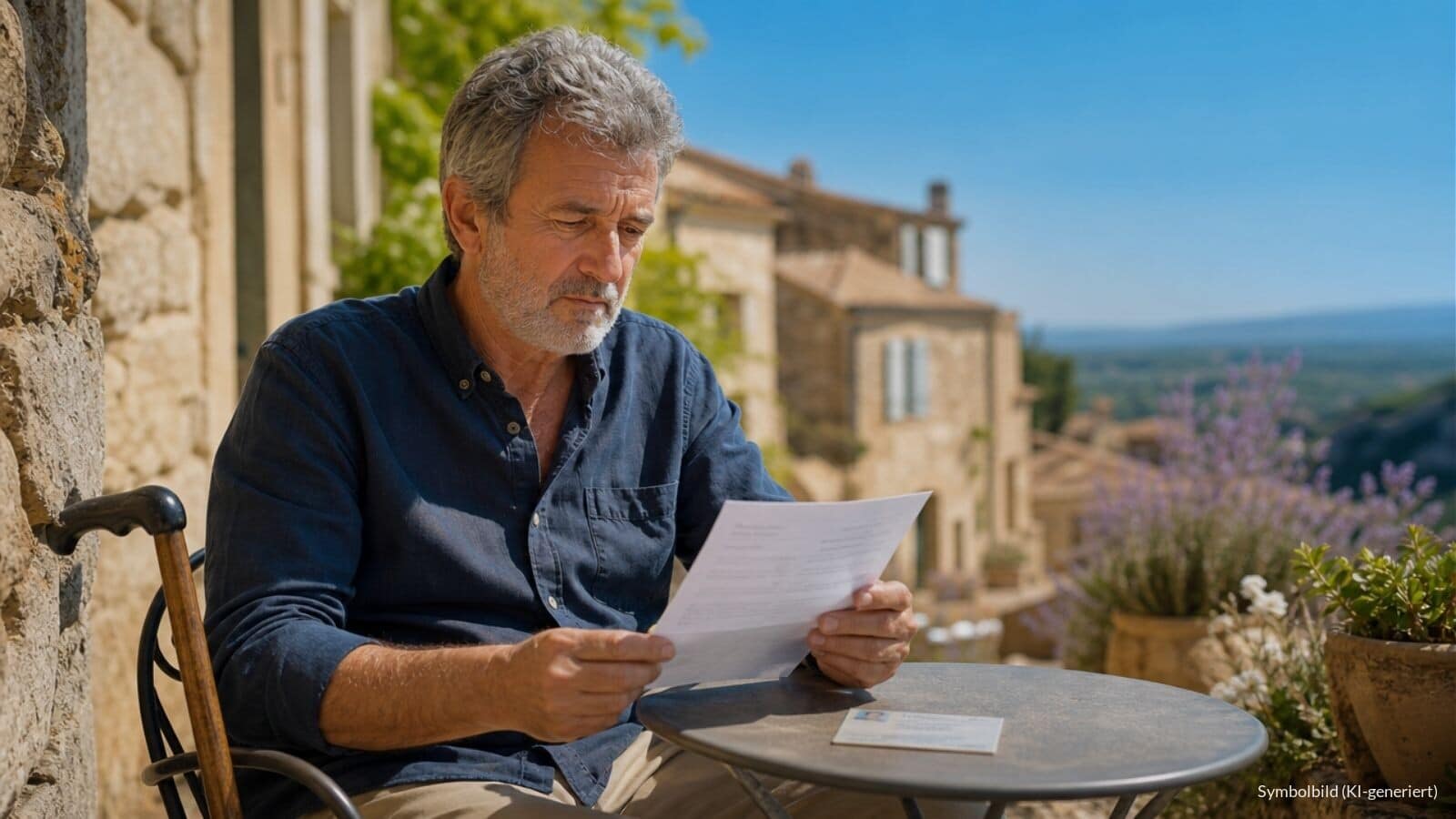 Mann mit Gehstock liest auf einer sonnigen Terrasse in Südfrankreich einen Behördenbrief, daneben liegt ein Schwerbehindertenausweis.