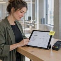 Selbstständige prüft im Co-Working-Space eine digitale Rechnung auf dem Tablet, daneben ein Kartenterminal und eine gelbe Haftnotiz mit der Aufschrift „FRIST“.