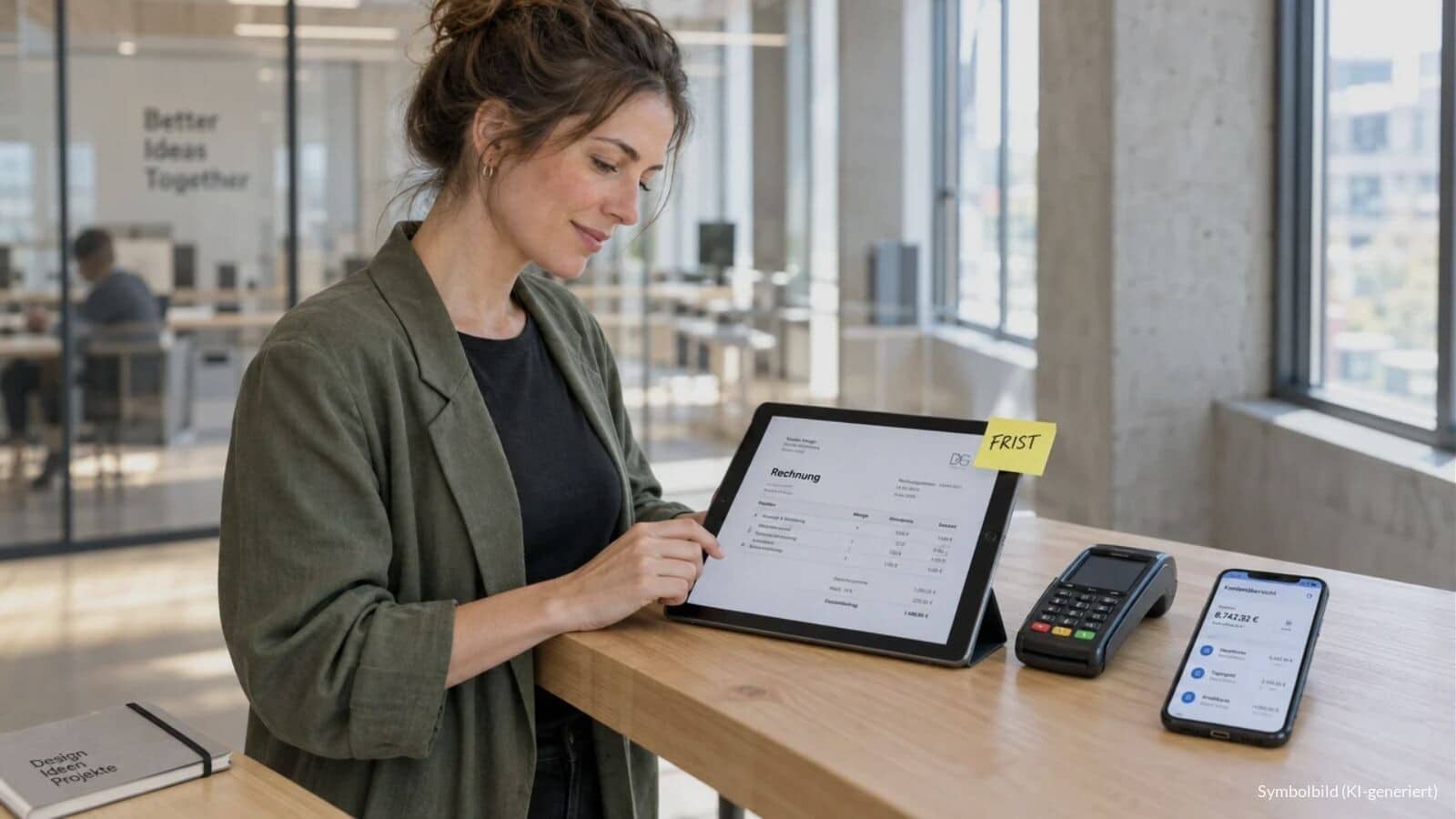 Selbstständige prüft im Co-Working-Space eine digitale Rechnung auf dem Tablet, daneben ein Kartenterminal und eine gelbe Haftnotiz mit der Aufschrift „FRIST“.