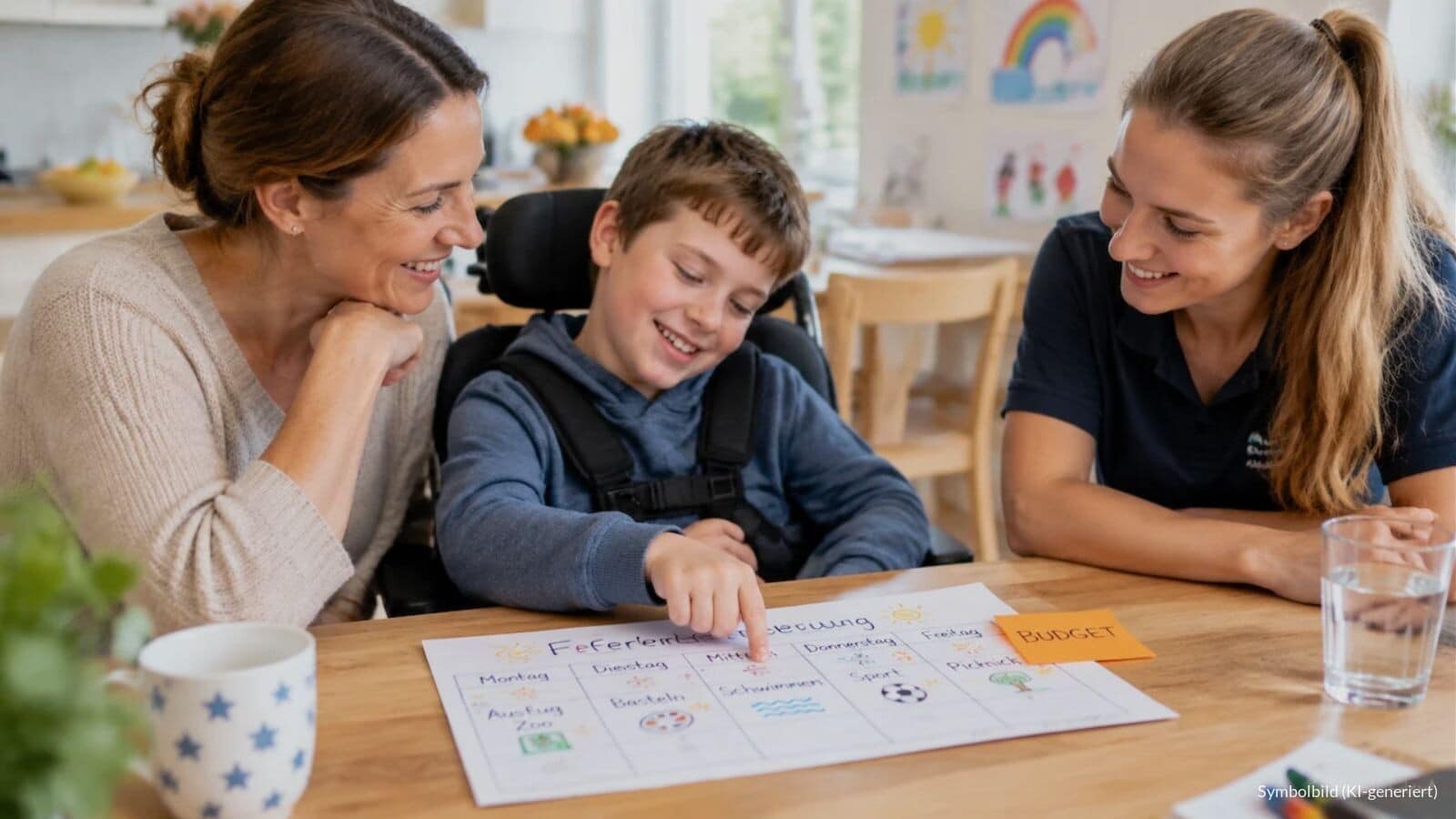 Mutter und Sohn im Rollstuhl sitzen mit einer Betreuerin am Esstisch und schauen auf einen Wochenplan mit Haftnotiz „BUDGET“