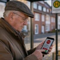 Älterer Mann an einer Bushaltestelle lehnt auf seinem Smartphone eine verdächtige Zahlungsfreigabe ab.