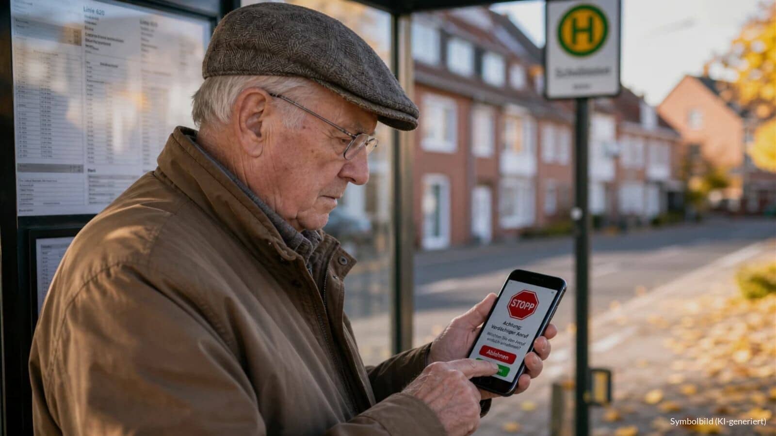 Älterer Mann an einer Bushaltestelle lehnt auf seinem Smartphone eine verdächtige Zahlungsfreigabe ab.