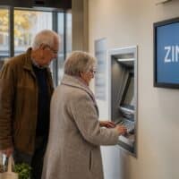 Älteres Paar im Vorraum einer Bankfiliale am Geldautomaten, auf einem Bildschirm steht das Wort Zinsen