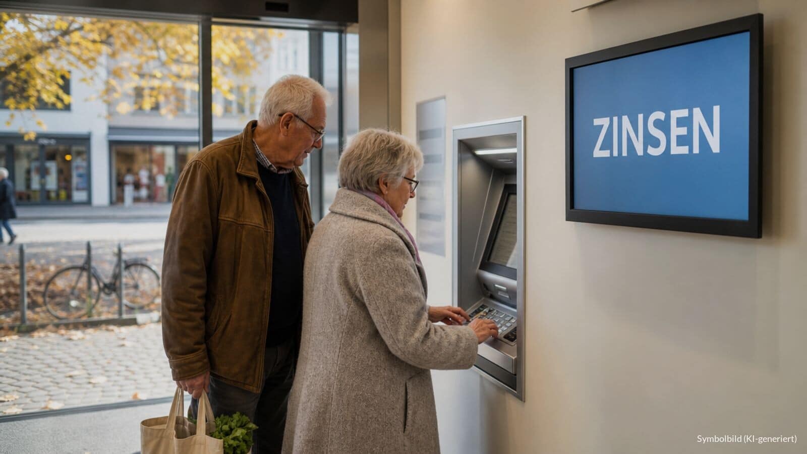 Älteres Paar im Vorraum einer Bankfiliale am Geldautomaten, auf einem Bildschirm steht das Wort Zinsen
