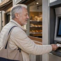 Rentner hebt an einem Geldautomaten in einer Fußgängerzone Geld ab, auf dem Display steht „RENTE“