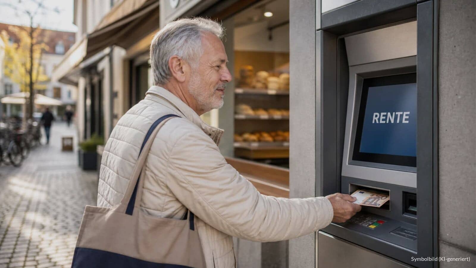 Rentner hebt an einem Geldautomaten in einer Fußgängerzone Geld ab, auf dem Display steht „RENTE“