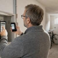 Mann liest im Kellergang eines Mehrfamilienhauses den Stand seines Stromzählers ab und fotografiert ihn mit dem Smartphone.