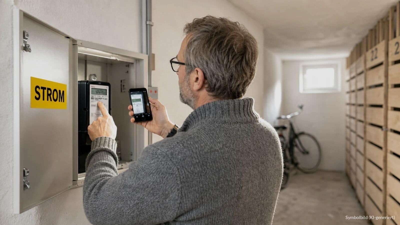Mann liest im Kellergang eines Mehrfamilienhauses den Stand seines Stromzählers ab und fotografiert ihn mit dem Smartphone.