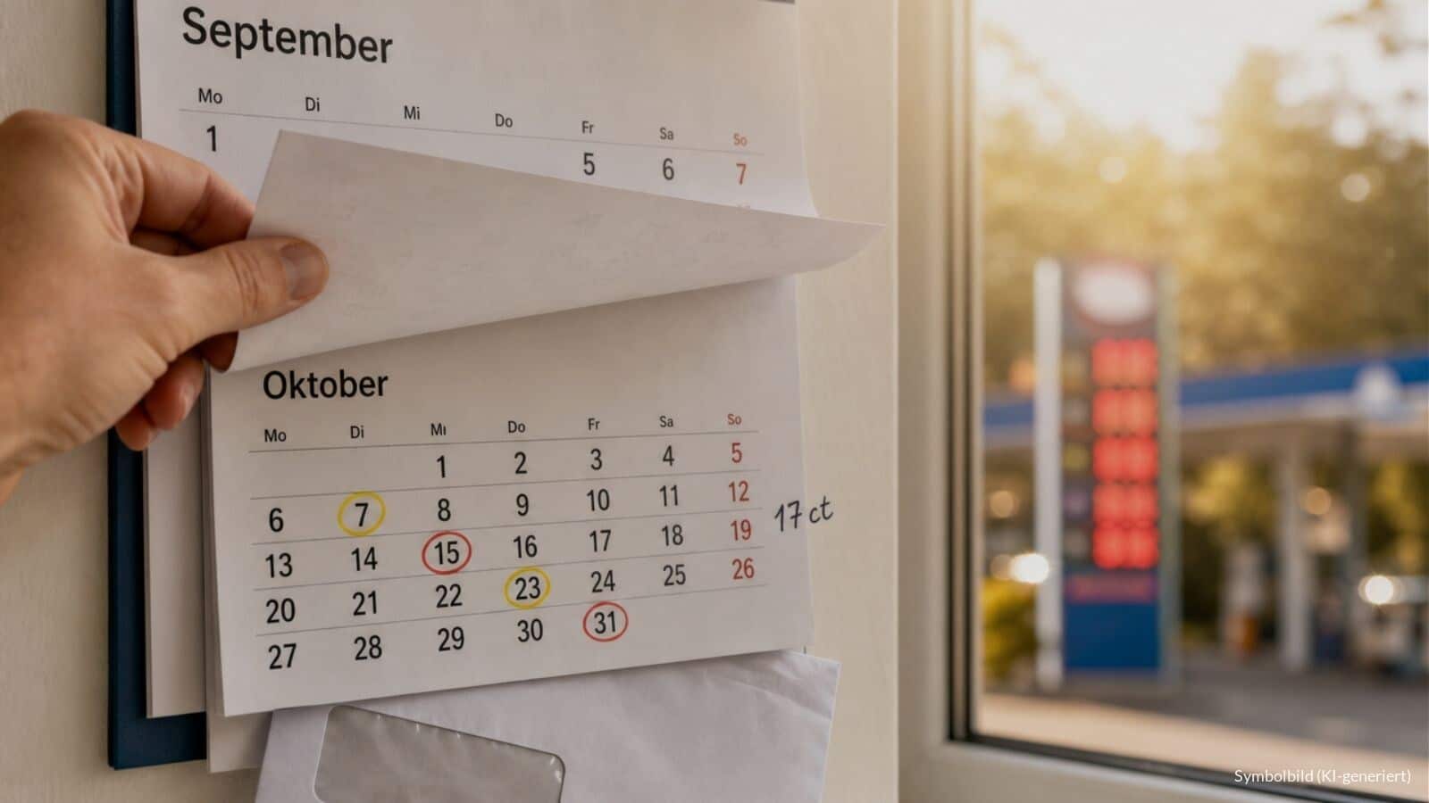 Hand reißt Kalenderblatt September ab, darunter markierte Termine im Oktober 2026, im unscharfen Hintergrund eine Tankstelle als Symbol für den neuen Tankrabatt