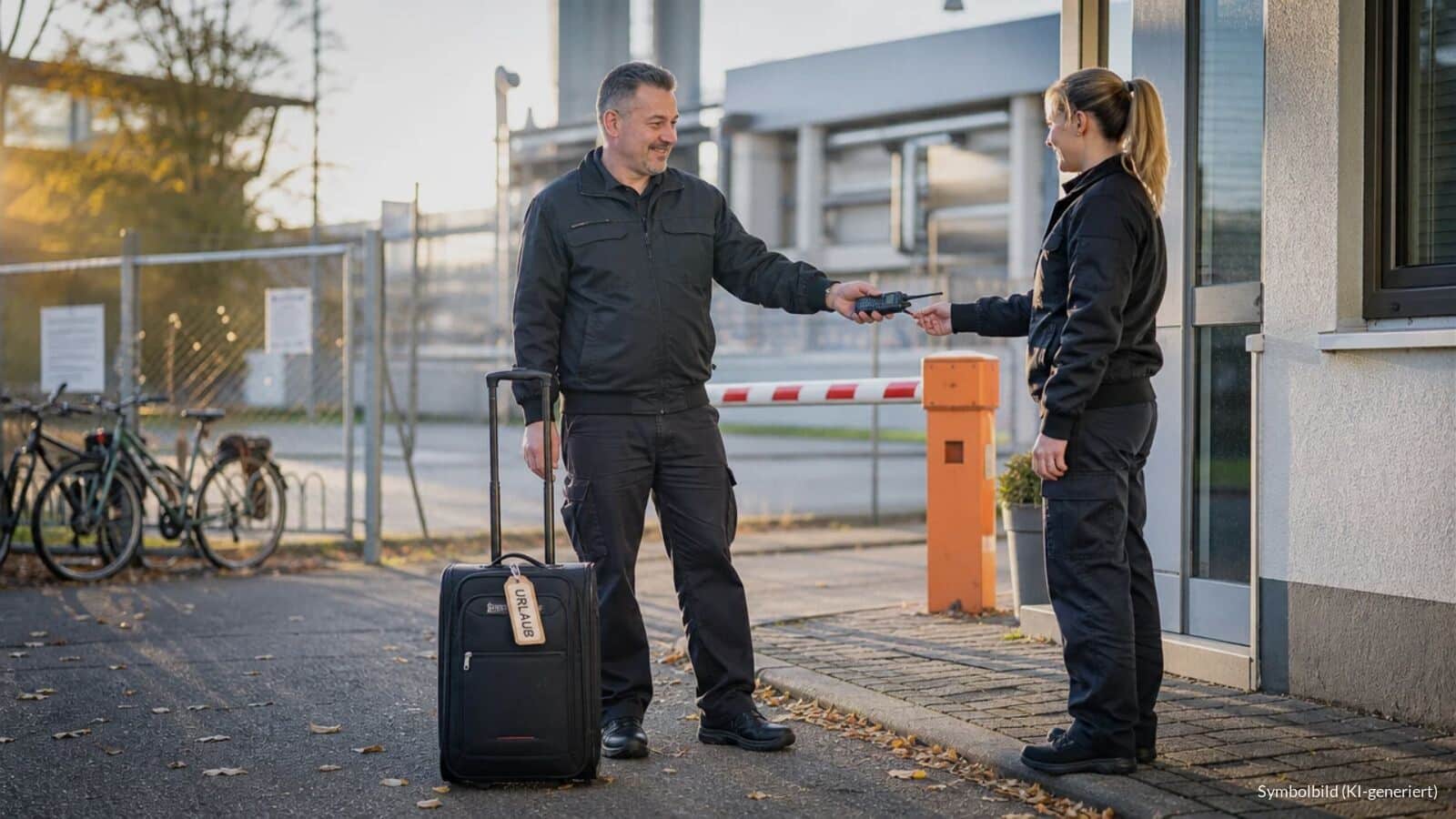 Sicherheitsmitarbeiter übergibt beim Schichtwechsel am Werkstor das Funkgerät an eine Kollegin, neben ihm steht ein Rollkoffer mit Anhänger „URLAUB“